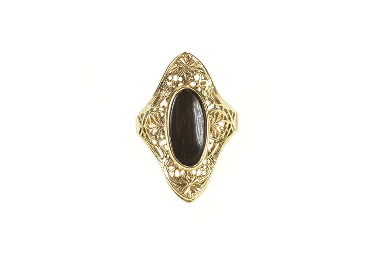 10K Yellow Gold Black Onyx Floral Filigree Art Deco Dinner Ring