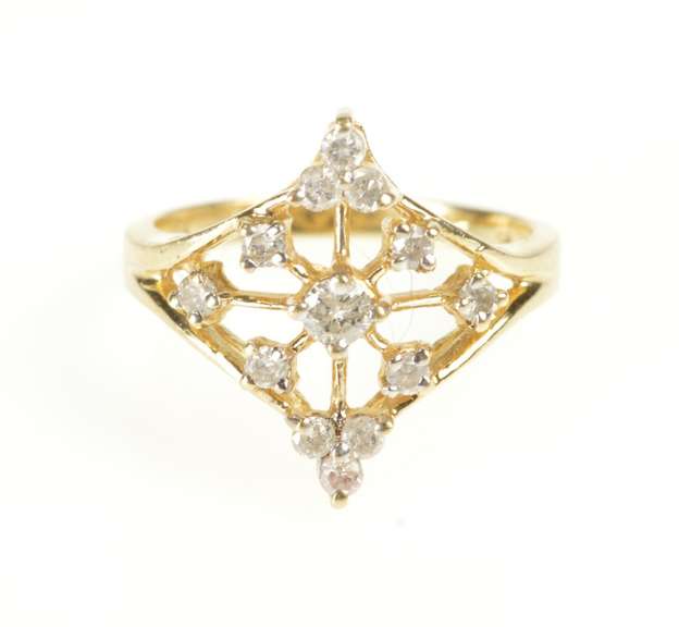 10K Yellow Gold Ornate Diamond Star Squared Cluster Compass Ring