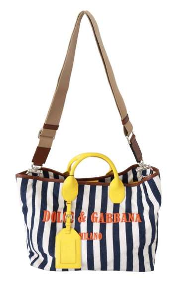 DOLCE & GABBANA  Yellow White Striped Shopping Borse Women Tote Cotton Bag