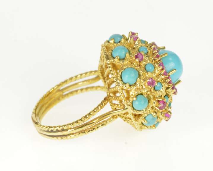 18K Yellow Gold Ornate Turquoise Ruby Statement Cocktail Ring