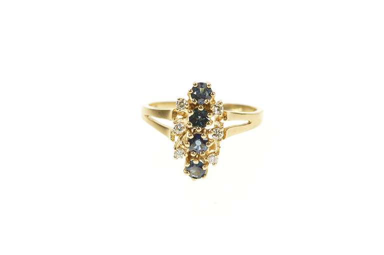10K Yellow Gold Sapphire Diamond Halo Cluster Ornate Statement Ring