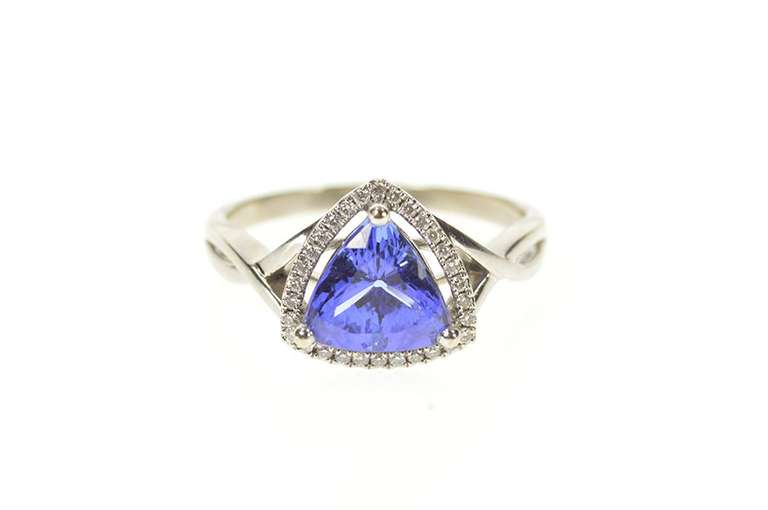 14K White Gold Trillion Iolite Diamond Halo Engagement Ring