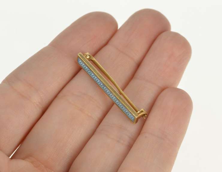 14K Yellow Gold Retro Blue Enamel Ornate Etched Bar Pin/Brooch