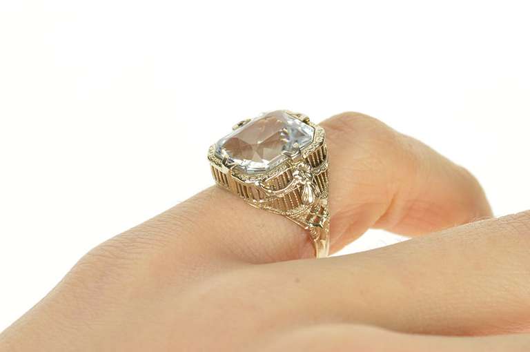 14K White Gold Art Deco Ornate Filigree Blue Topaz Statement Ring