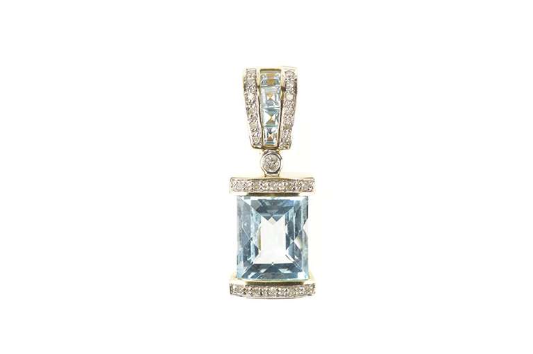 10K White Gold Faceted Blue Topaz Diamond Ornate Statement Pendant