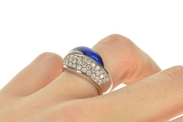 14K White Gold 0.85 Ctw Pave Diamond Blue Enamel Statement Ring