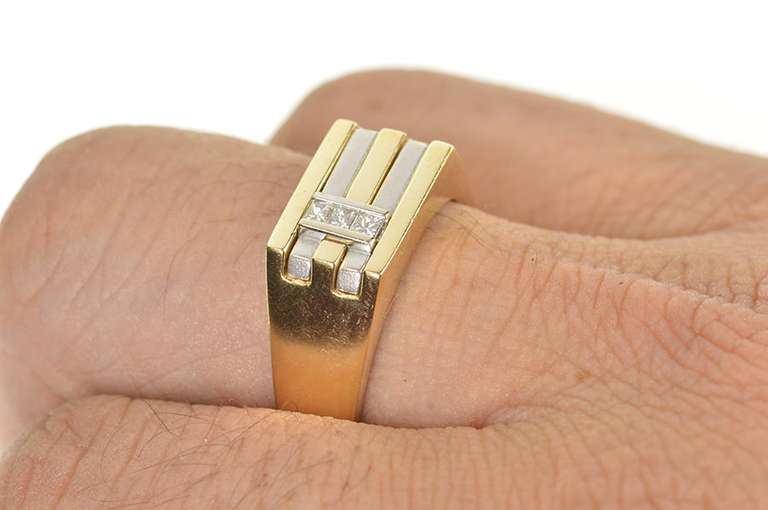 14K Yellow Gold Men's Diamond Two Tone Squared Wedding Ring