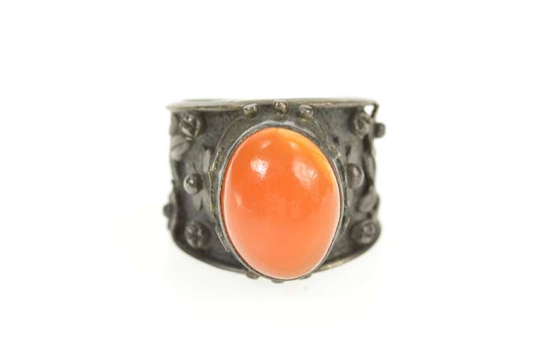 900 Silver Retro Ornate Mexican Fire Opal Floral Ring