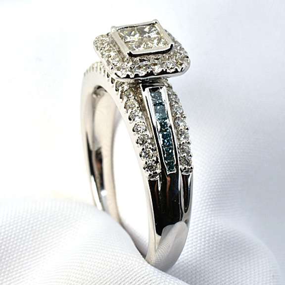 Dazzling .79 TCW Blue & White Diamond 14K WG  Ring