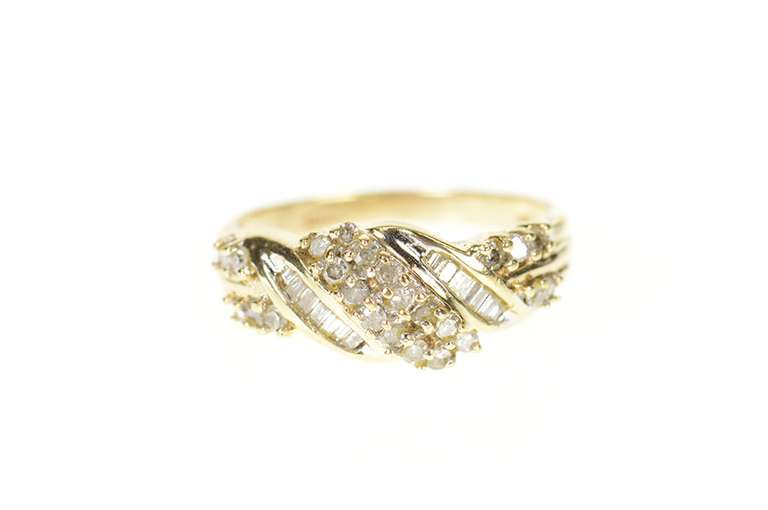 10K Yellow Gold Wavy Diamond Encrusted Statement Band Ring