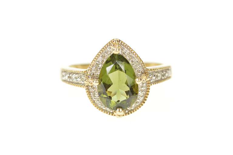 10K Yellow Gold Pear Syn. Green Tourmaline Diamond Halo Ring