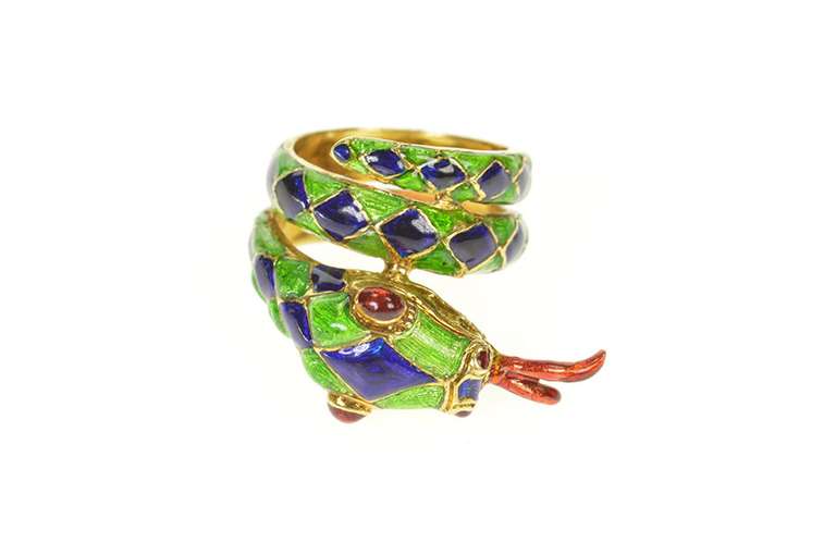 18K Yellow Gold Checkered Blue Green Enamel Snake Serpent Ring