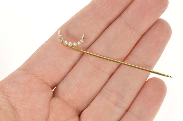 14K Yellow Gold Victorian Seed Pearl Crescent Moon Pin/Brooch