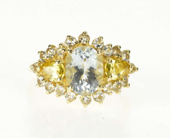 14K Yellow Gold Blue Topaz Pear Citrine CZ Halo Statement Ring