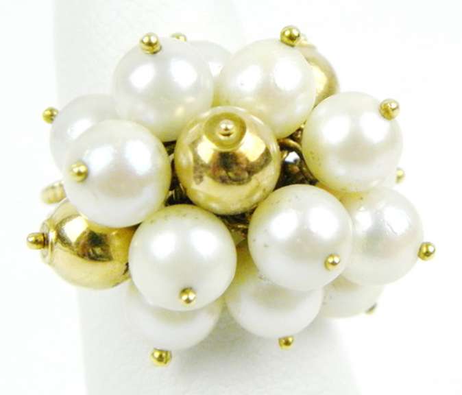Vintage 18K Gold Pearl Cha-Cha Ring, Size 5.5