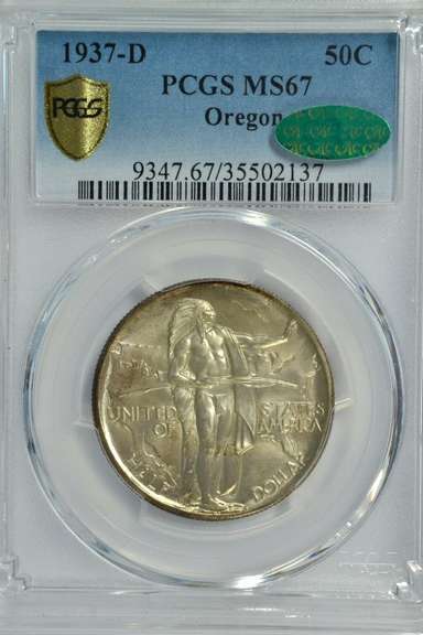 Impeccable 1937-D Oregon Trail Commemorative Half Dollar PCGS MS67 CAC Sticker