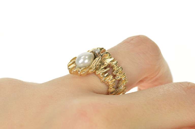 14K Yellow Gold 1960's Pearl Diamond Raw Textured Statement Ring