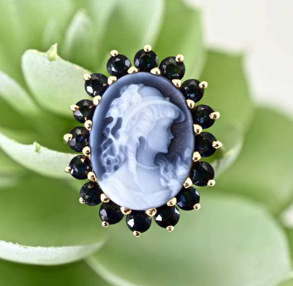 Stunning 14K Modern Laser-Cut Cameo & Sapphire Ring