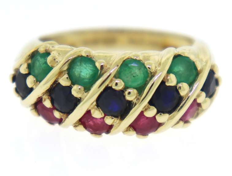 Amazing 14kt YG Ruby, Emerald and Sapphire 3-Row Band