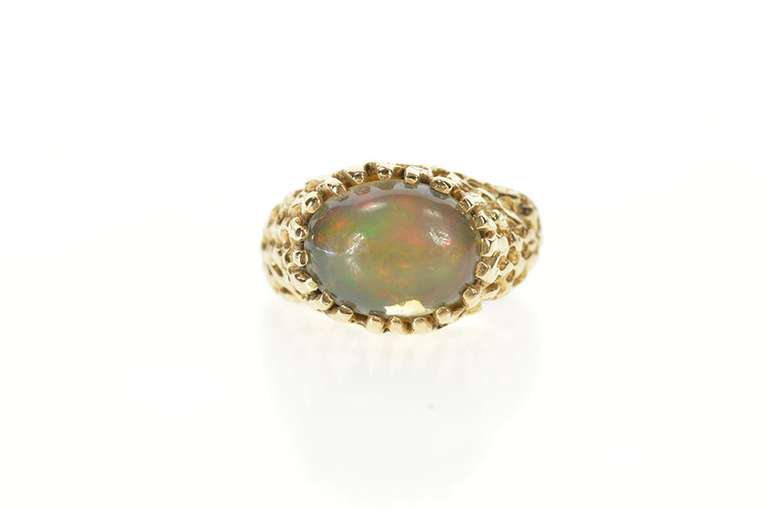 14K Yellow Gold 1960's Opal Textured Raw Lattice Cocktail RIng