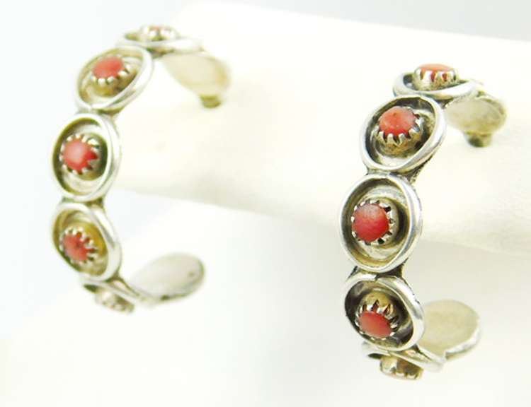 Vintage Navajo Sterling Coral Hoop Earrings