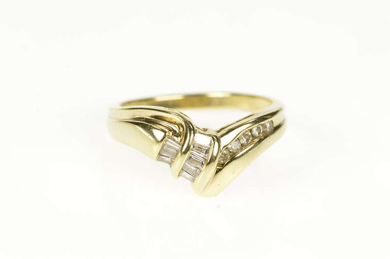 10K Yellow Gold Wavy Baguette & Round Diamond Statement Ring