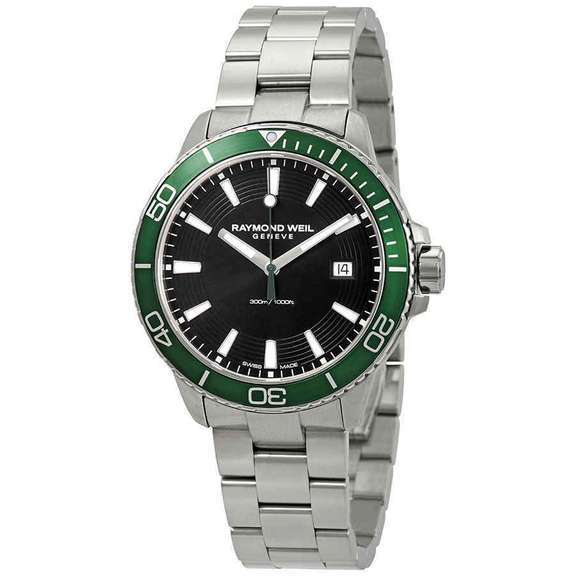 New Mens Raymond Weil Swiss Black Dial w Bgreen Bezel