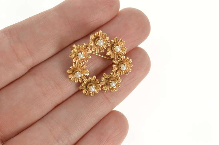 14K Yellow Gold Pearl Inset Flower Daisy Wreath Statement Pin/Brooch