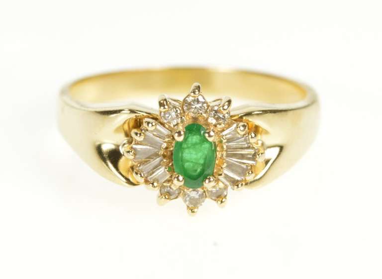 14K Yellow Gold Oval Emerald Diamond Halo Engagement Ring