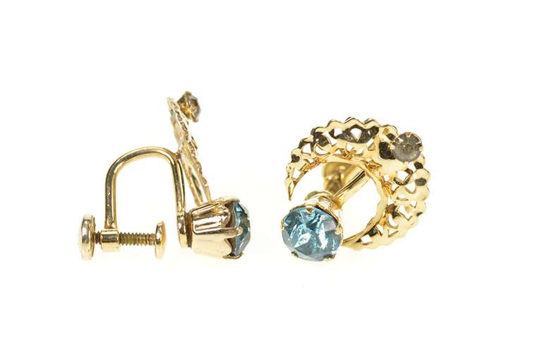 Gold Filled Retro Ornate Filigree Rhinestone Screw Back Earrings