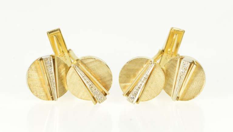 14K Yellow Gold Round Diamond Accent Geometric Retro Men's Cuff Links