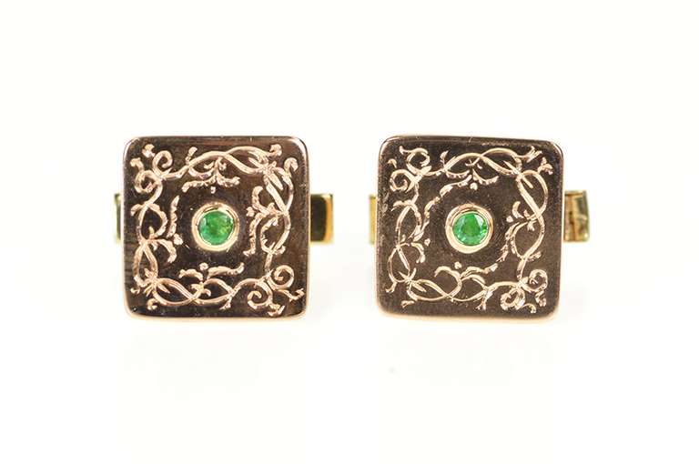 14K Yellow Gold Retro Etched Emerald Inset Ornate Men's Cuff Links