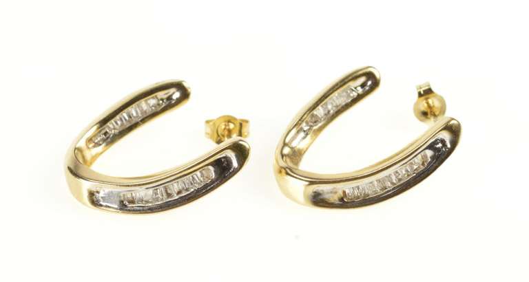 10K Yellow Gold Baguette Diamond Curved Semi Hoop Earrings