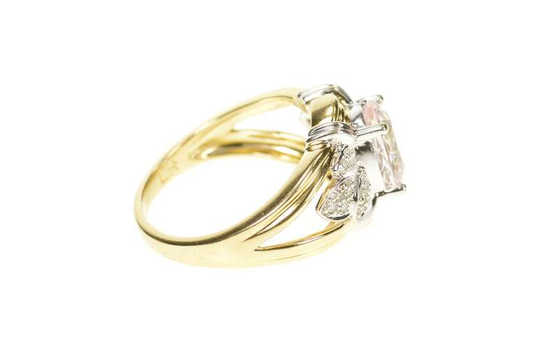 14K Yellow Gold Pink Topaz Diamond Leaf Cluster Statement Ring