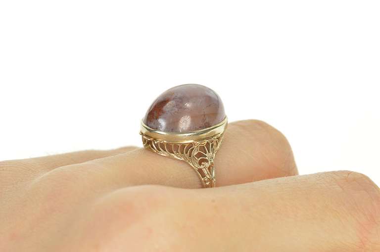 14K White Gold Red & White Agate Art Deco Filigree Cocktail Ring