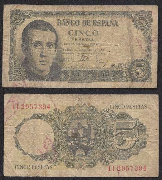 $5 1951 Banco De Espana Spain Circulated