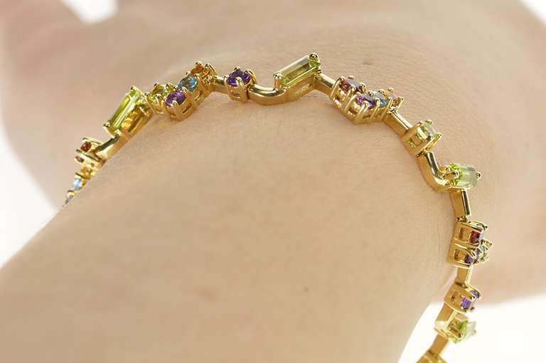 10K Yellow Gold Geometric Peridot Amethyst Citrine Zig Zag Bracelet