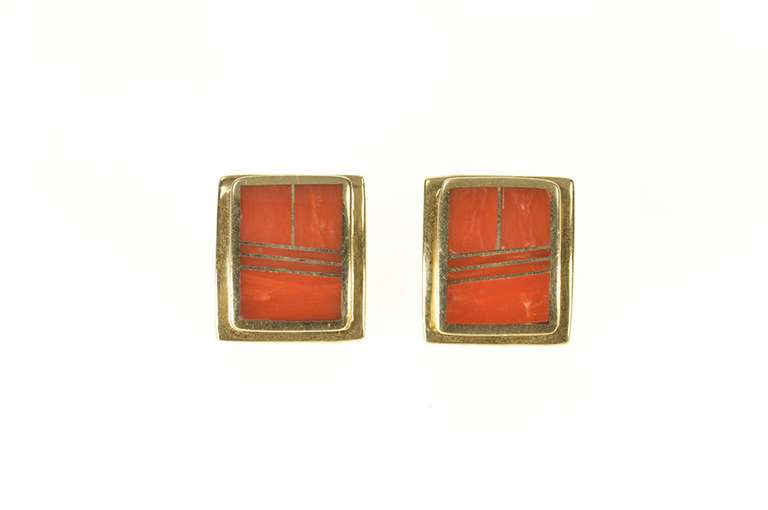 14K Yellow Gold Squared Coral Inlay Geometric Curved Stud Earrings