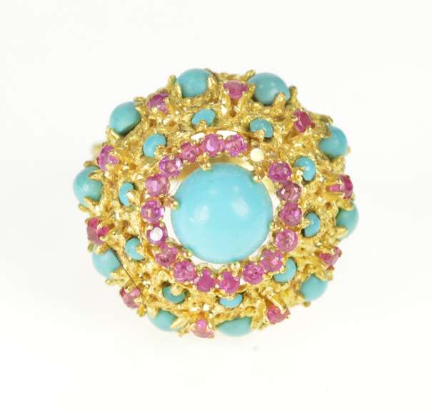 18K Yellow Gold Ornate Turquoise Ruby Statement Cocktail Ring