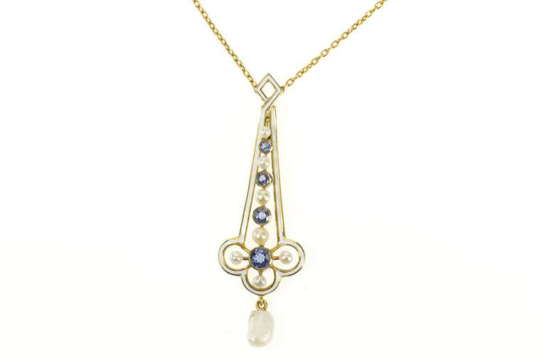 14K Yellow Gold Victorian Sapphire Pearl Enamel Drop Necklace