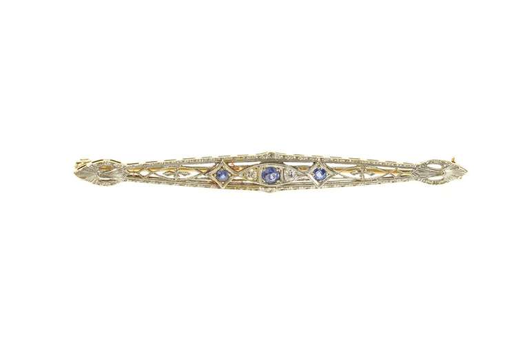 14K Yellow Gold Art Deco Diamond Sapphire Filigree Bar Pin/Brooch