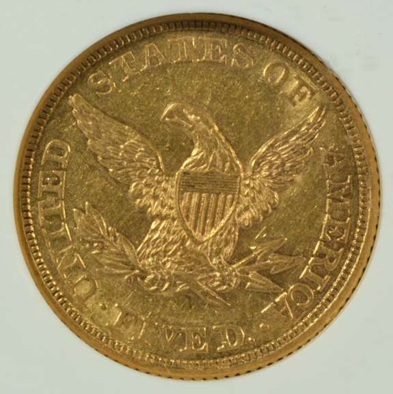 Ultra Rare Virtual Mint State 1859 US $5 Liberty Gold Piece. NGC AU55