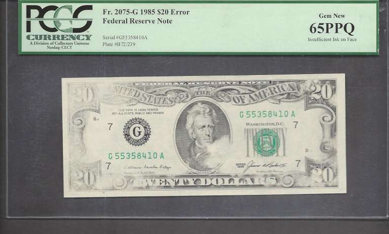 $20 1985 FRN INSUFFICIENT INK on FACE ERROR GORGEOUS PCGS Gem New 65 PPQ