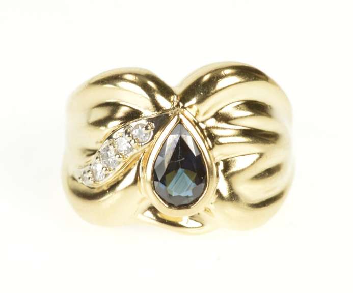 14K Yellow Gold Retro Pear Sapphire Diamond Wavy Statement Ring