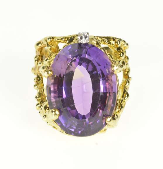 14K Yellow Gold Massive Amethyst Diamond Abstract Cocktail Ring