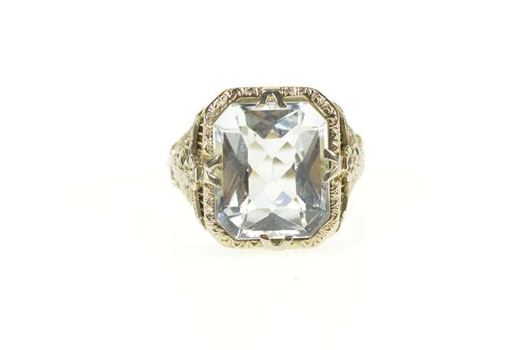 14K White Gold Art Deco Ornate Filigree Blue Topaz Statement Ring