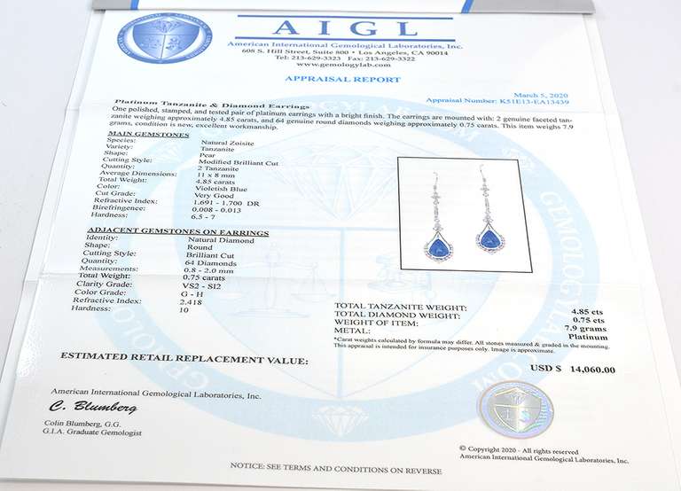 Tanzanite & Diamond Earrings in Platinum