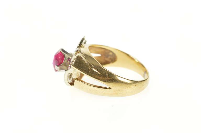 14K Yellow Gold 1930's Syn. Ruby Diamond Leaf Cocktail Ring