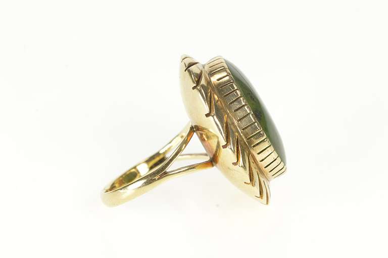 14K Yellow Gold Green Nephrite Jade 1940's Cocktail Statement Ring