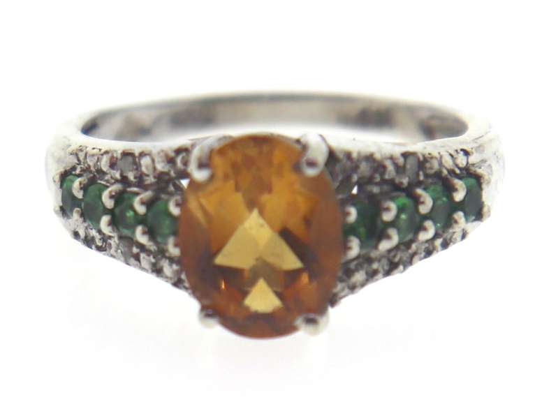 Sterling Silver Citrine With Green Tsavorire Ring